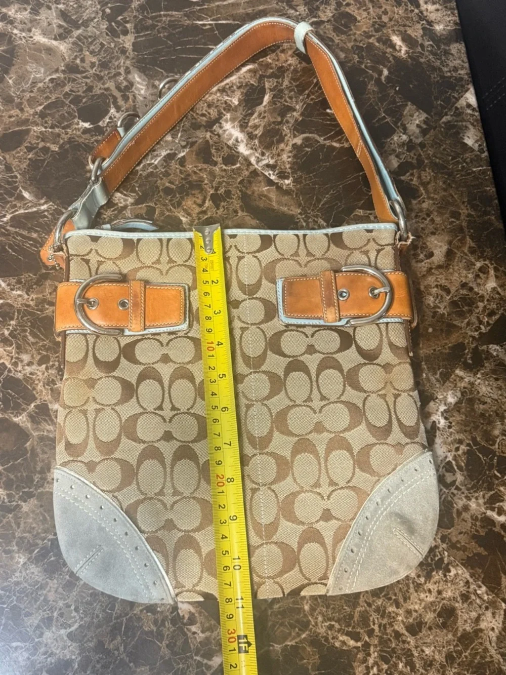 Coach Soho Signature Shoulder Bag Y2K 2006 Buckle Canvas Blue Trim